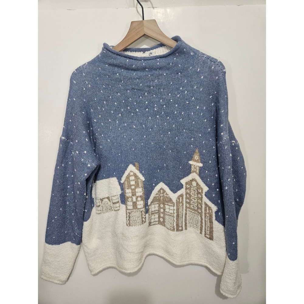 Cupcakes and Cashmere XL Winter Village Sweater Blue Snow Holiday Après Ski